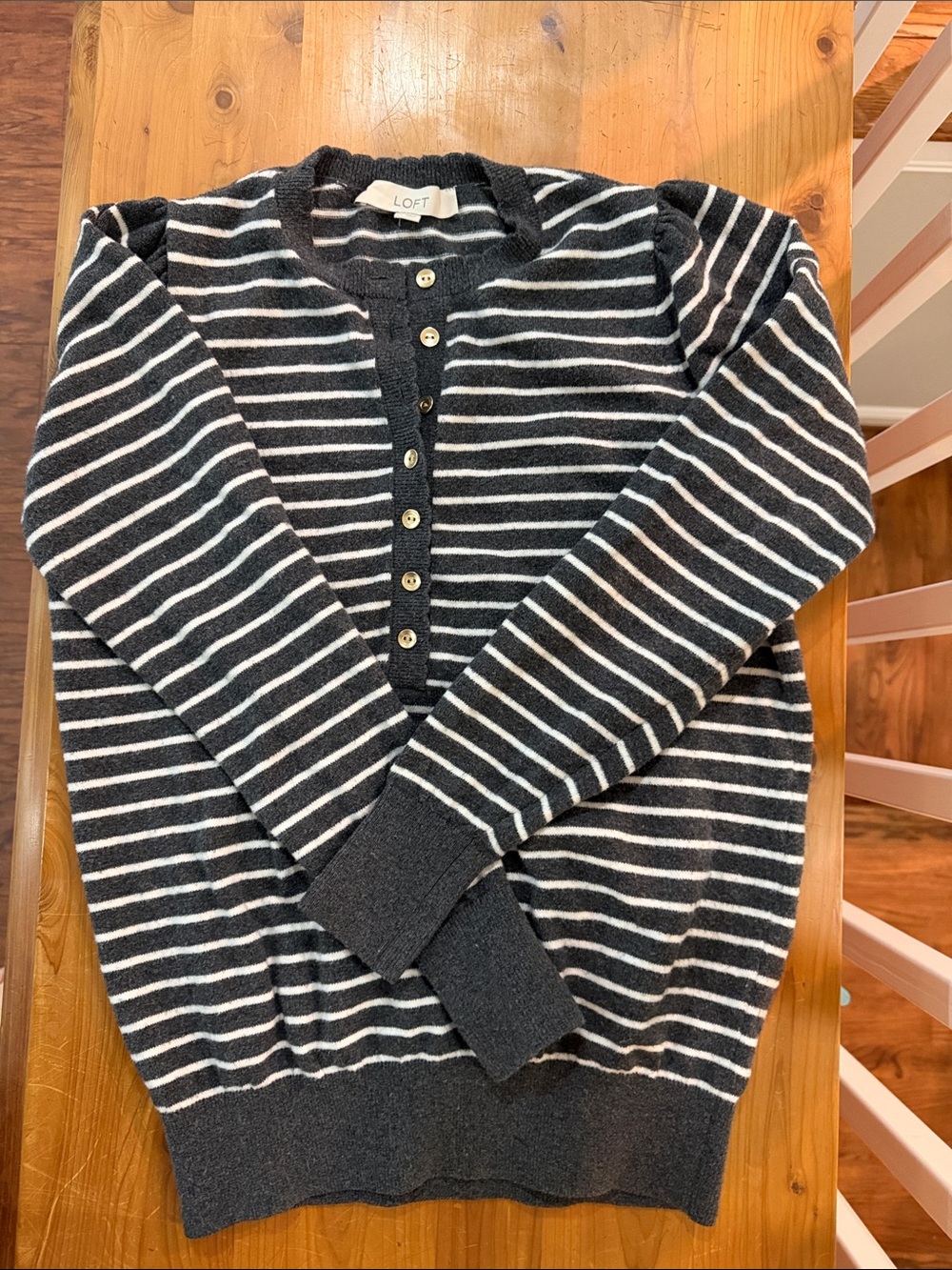 LOFT Charcoal & White Striped Henley Crewneck Sweater